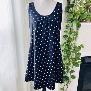 Lands' End Navy Blue & White Polka Dot Sleeveless Dress Nautical Beachy - Large